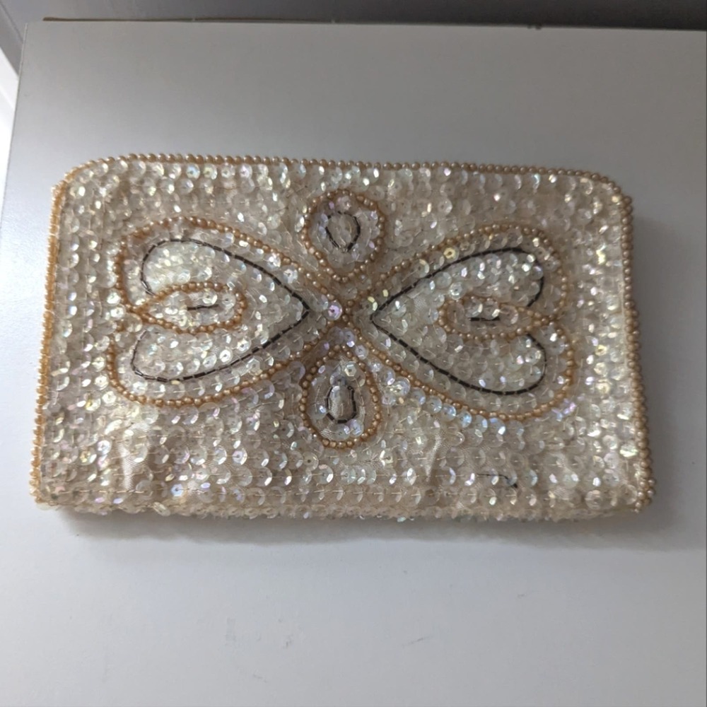 Vintage Japanese Beaded Sequin Clutch Approx 7 x 4 1960s?